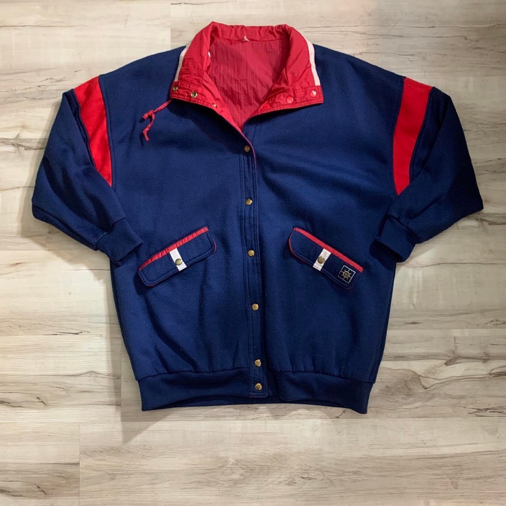 Vintage 80s Reversible Nautical Jacket Navy Red Fleece XL Retro Bomber